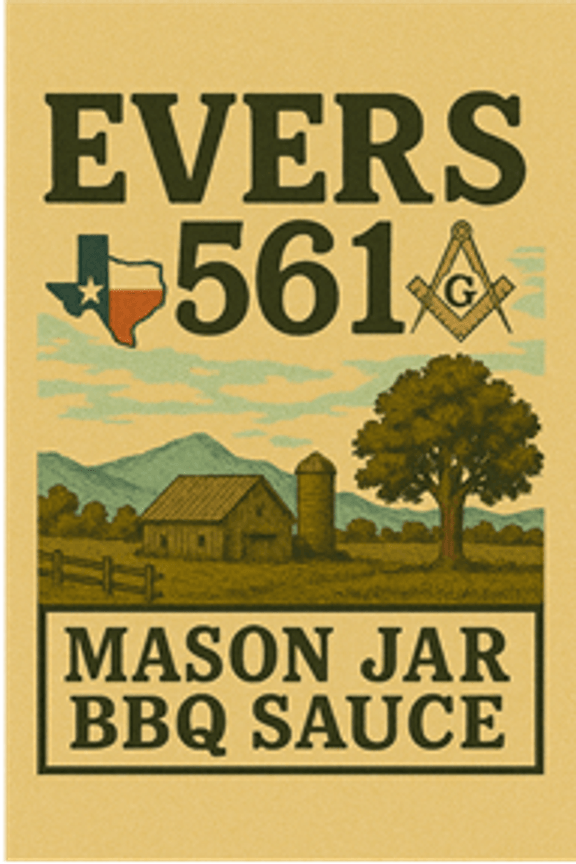 Evers 561 Mason Jar BBQ Sauce label with a Texas Hill Country farm scene.