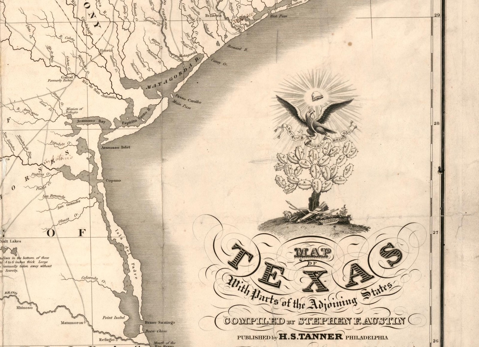Detail from an 1830 engraved map: the Gulf coast running from Matagorda Bay past Aransas Bay, Copano, and Point Isabel toward Matamoros, and beside it an ornate title cartouche showing an eagle with a serpent in its beak perched on a prickly pear beneath a radiant sunburst, above the lettering MAP OF TEXAS With Parts of the Adjoining States, COMPILED BY STEPHEN F. AUSTIN, PUBLISHED BY H. S. TANNER, Philadelphia.