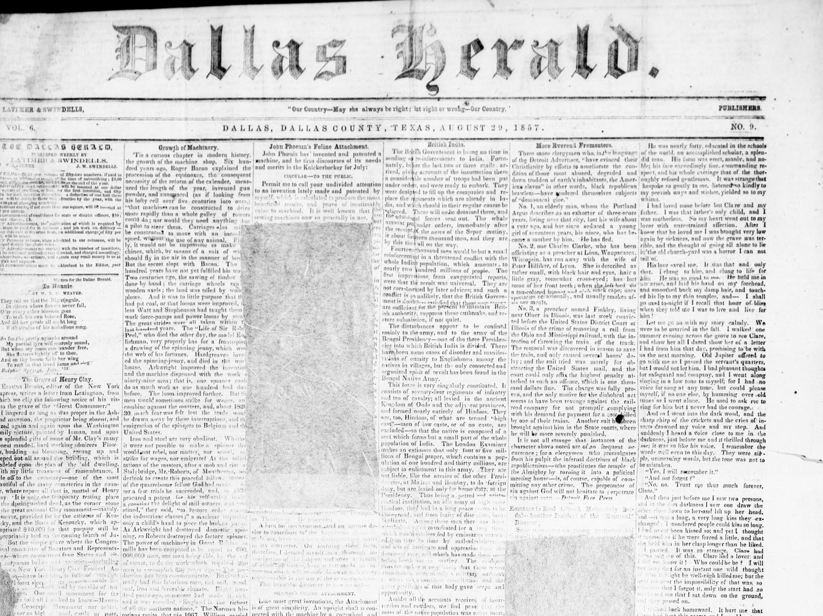 The front page of the Dallas Herald for August 29, 1857, with its ornate blackletter masthead above the motto “Our Country — May she always be right; but right or wrong — Our Country,” the dateline reading DALLAS, DALLAS COUNTY, TEXAS, AUGUST 29, 1857, and seven dense columns of type below.