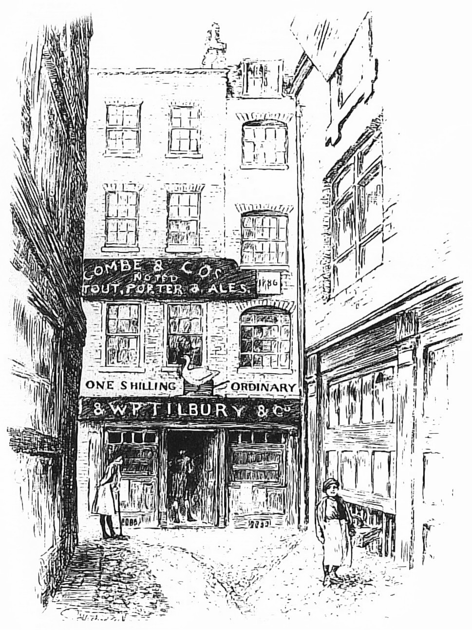 Nineteenth-century engraving of the Goose and Gridiron alehouse in St. Paul's Churchyard, London, with its goose signboard above the entrance.