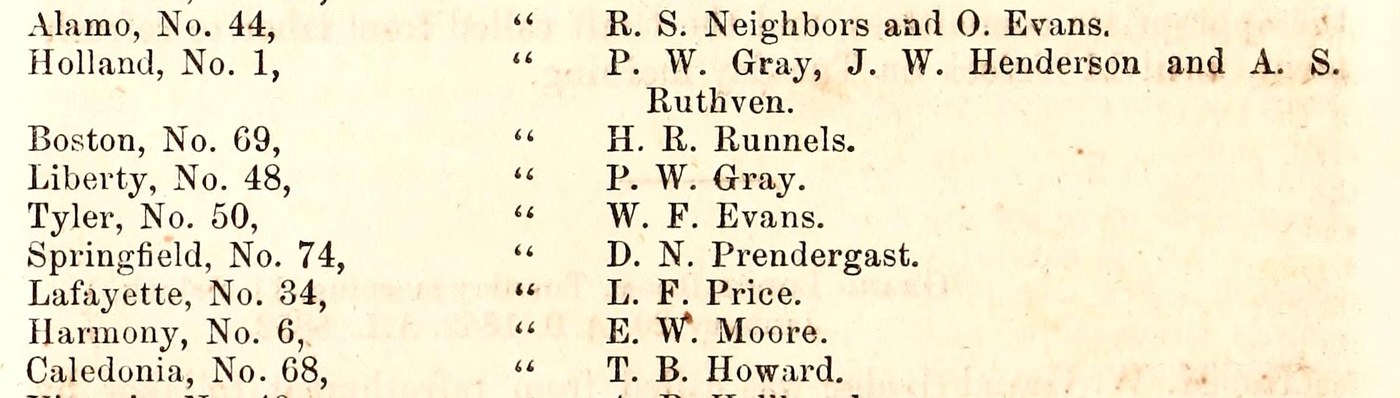 A detail from a printed page listing Texas Masonic lodges and their representatives: Red Land No. 24, Alamo No. 44, Holland No. 1 represented by P. W. Gray, J. W. Henderson and A. S. Ruthven, and directly below, Boston No. 69 represented by H. R. Runnels.