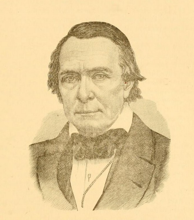 Engraved head-and-shoulders portrait of Mirabeau B. Lamar in a dark coat and bow tie, from an 1885 book.