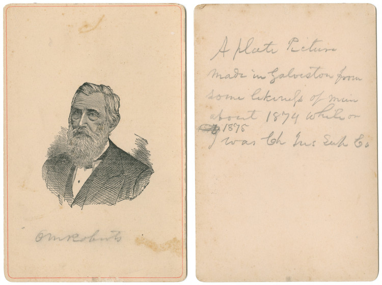 Front and back of an 1870s cabinet card of Oran Milo Roberts: an engraved bearded portrait with his signature, and a handwritten note on the reverse.