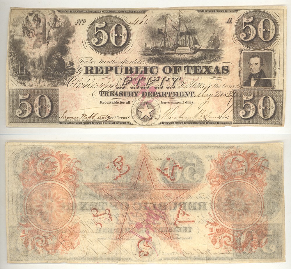 A Republic of Texas fifty-dollar redback note dated May 22, 1839, engraved with a sailing steamship and a bust of Stephen F. Austin, bearing the signature of President Mirabeau B. Lamar, shown front and back.
